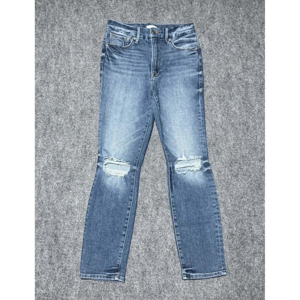 Good American Slim Straight Jeans Women 6/28 Blue Fade Denim Distressed 26x27